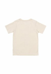 Beige T-Shirt mit kurzen Ärmeln aus Baumwolle, mit rundem Ausschnitt und glatter Textur. Keine sichtbaren Muster oder Grafiken.