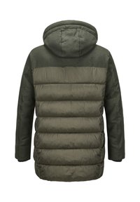 Kapuzensweatjacke mit zweifarbiger Gestaltung: Oben strukturiertes dunkelgrünes Gewebe, unten glattes, wattiertes olivgrünes Material.