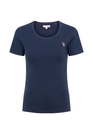 Marineblå kortermet ribbestrikket dame-T-skjorte med rund hals og liten brodert polospillerlogo på venstre bryst.