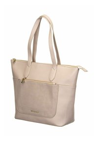 Sac fourre-tout beige en cuir synthétique texturé, doté de deux longues anses, d'une fermeture éclair sur le dessus, et d'une poche avant avec fermeture éclair et ferrures dorées.