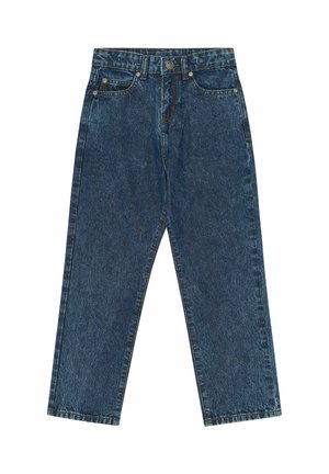 Jean bleu foncé taille haute à jambes droites avec bouton sur le devant, fermeture éclair, passants de ceinture et design cinq poches sur fond blanc.