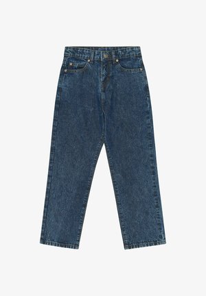 Mørkeblå jeans med højtaljet, lige ben med frontknapper, lynlås, bæltestropper og fem-lomme design på hvid baggrund.