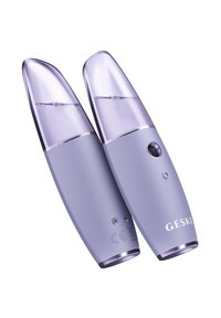 Deux appareils portables en violet clair, avec des dessus transparents révélant un liquide à l'intérieur. Comprend un bouton et un petit texte sur le côté.