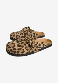 Leopard print clogs with a soft suede material, slip-on design, adjustable buckle, and black rubber sole for traction.