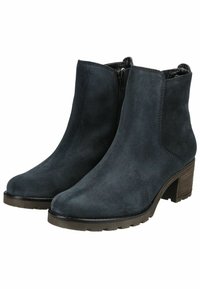 Botines de ante azul oscuro con cremallera lateral, tacón cuadrado y suela de goma texturizada para mayor agarre. Acabado suave con detalles de costura mínimos.