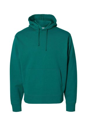 Teal hættetrøje lavet af blødt stof, med en frontlomme, justerbar snøre i hætten og ribbede manchetter for en tætsiddende pasform.