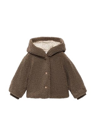 Veste en polaire marron avec capuche, dotée d'une fermeture à boutons, de poignets côtelés et d'une doublure à pois. Texture douce avec une forme légèrement ample.