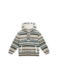 Pullover hoodie met een crème basis en blauwe, groene en zwarte geometrische patronen. Zacht materiaal, voorzak en capuchon met trekkoord.