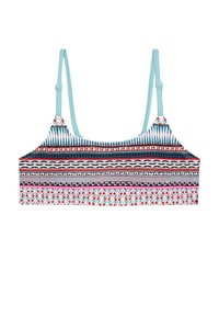 Multicolore bralette met een geometrisch patroon, voorzien van blauwe bandjes en een mix van rode, turquoise en zwarte ontwerpen op een witte achtergrond.