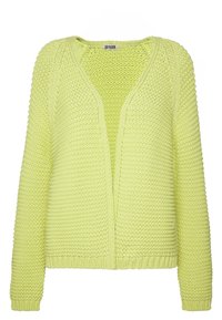 Dzianinowy kardigan w jasnym cytrynowym kolorze, z głębokim dekoltem w kształcie litery V i prążkowanymi mankietami. Tekstura jest gruba i luźna, z otwartym przodem.