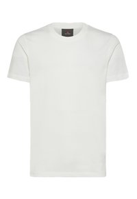 T-shirt bianco in cotone con scollo rotondo classico, maniche corte e vestibilità dritta. Nessun motivo o accento visibile.