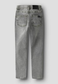 Pilki džinsai su tiesia kirpimu, aukštu juosmeniu, dviem galiniais kišenėmis ir subtilių šviesų detalių.