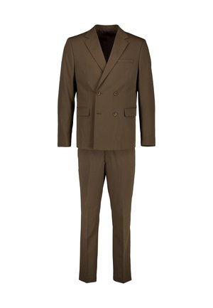 Braune zweireihige Anzugjacke mit passenden geraden Hosen, dargestellt vor weißem Hintergrund.