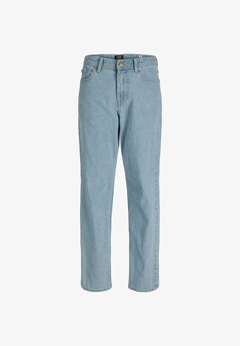 Světle modré džíny z denimu s volným střihem, vybavené zapínáním na knoflíky, pěti kapsami a kontrastními švy.