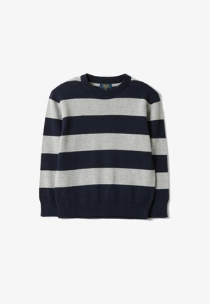 Langärmeliger Strickpullover mit breiten horizontalen marineblauen und grauen Streifen, gerippten Bündchen, Saum und Rundhalsausschnitt.