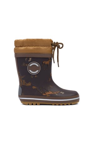 Botte de pluie en caoutchouc marron pour enfant avec un revers beige et un cordon de serrage, ornée d'illustrations de mousse et de nature ainsi que d'un logo rond sur le côté.