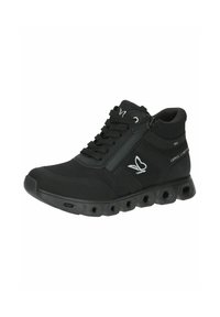 Scarpa sportiva nera con tomaia testurizzata, chiusura con lacci anteriormente e zip laterale. Presenta una suola ammortizzata con ritagli esagonali per migliorare l'aderenza.