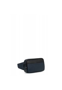 Borsa vita blu navy realizzata in materiale sintetico testurizzato, dotata di due scomparti con zip e di un pannello accentato nero liscio.