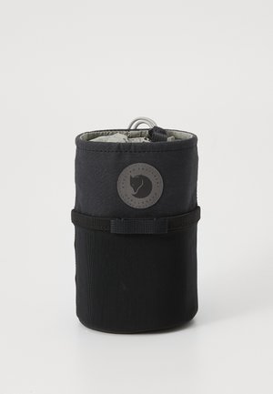 Black fabric cup holder with a cinched top, gray lining, flat side pocket, and a round logo patch featuring a animal silhouette.