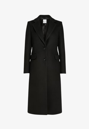 Schwarzer langer Mantel aus Wollmischung mit maßgeschneidertem Design, Revers mit Kerbkragen, zwei Fronttaschen und zwei Knöpfen zum Schließen.