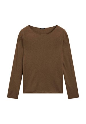 Camicia a maniche lunghe marrone realizzata in tessuto morbido, con un ampio scollo rotondo e una silhouette morbida. Texture liscia senza motivi o dettagli visibili.
