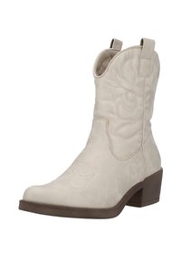 Botas de cowboy de ante beige con punta afilada, costuras decorativas en el caña y un tacón bajo apilado. Presentan lengüetas de agarre.