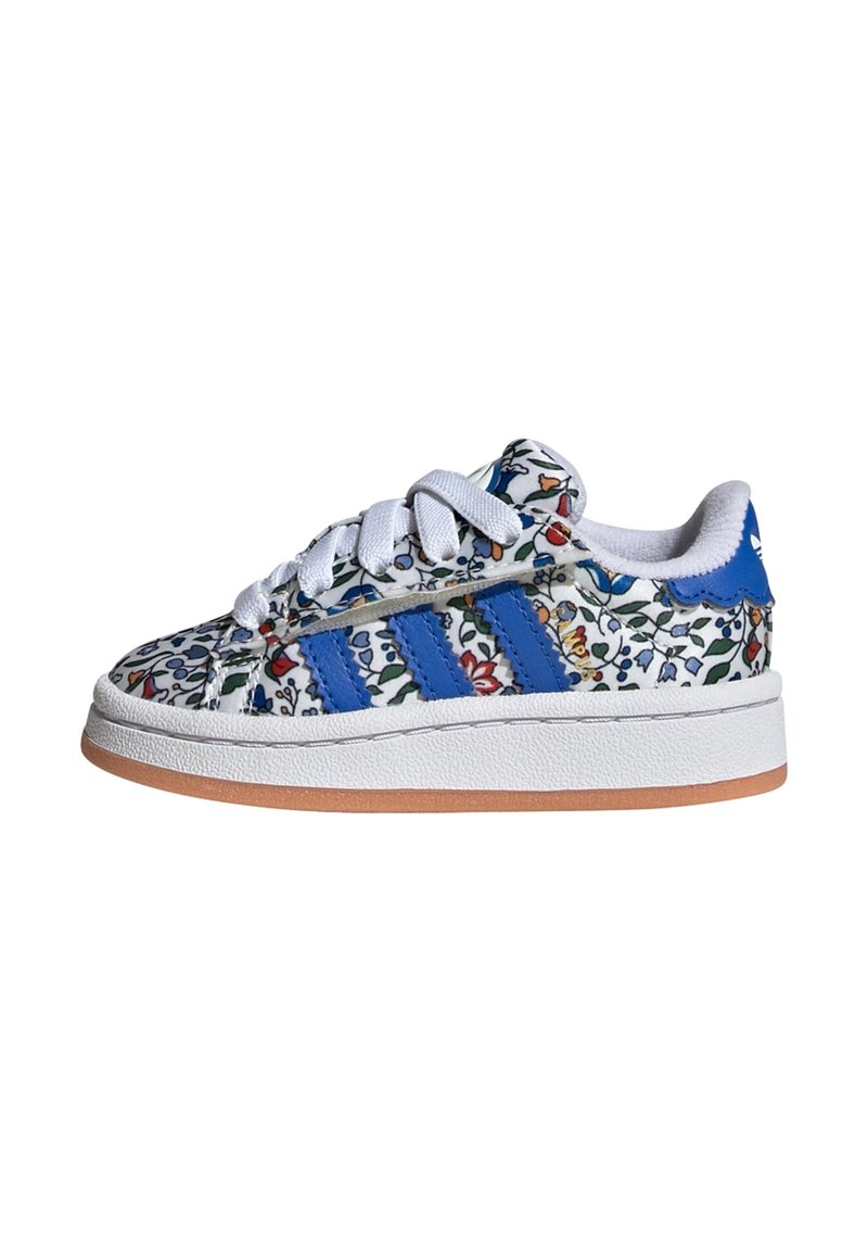 Multicolored floral-patterned sneaker with blue accents, white laces, a textured rubber sole, and three blue stripes on the side.
