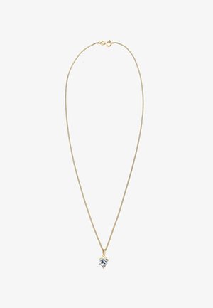 Halskette in Golton mit einer schmalen Kette und einem herzförmigen Anhänger, der in der Mitte mit einem klaren Edelstein verziert ist.