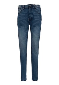 Tmavě modré džíny s úzkým střihem, pět kapes, zipové zapínání a jemné vyblednutí u stehen pro texturu.