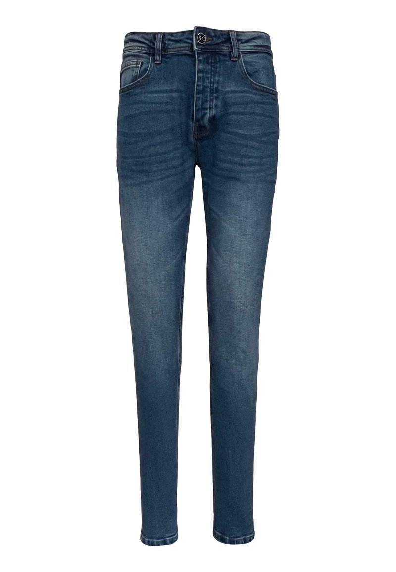 Tmavě modré džíny s úzkým střihem, pět kapes, zipové zapínání a jemné vyblednutí u stehen pro texturu.