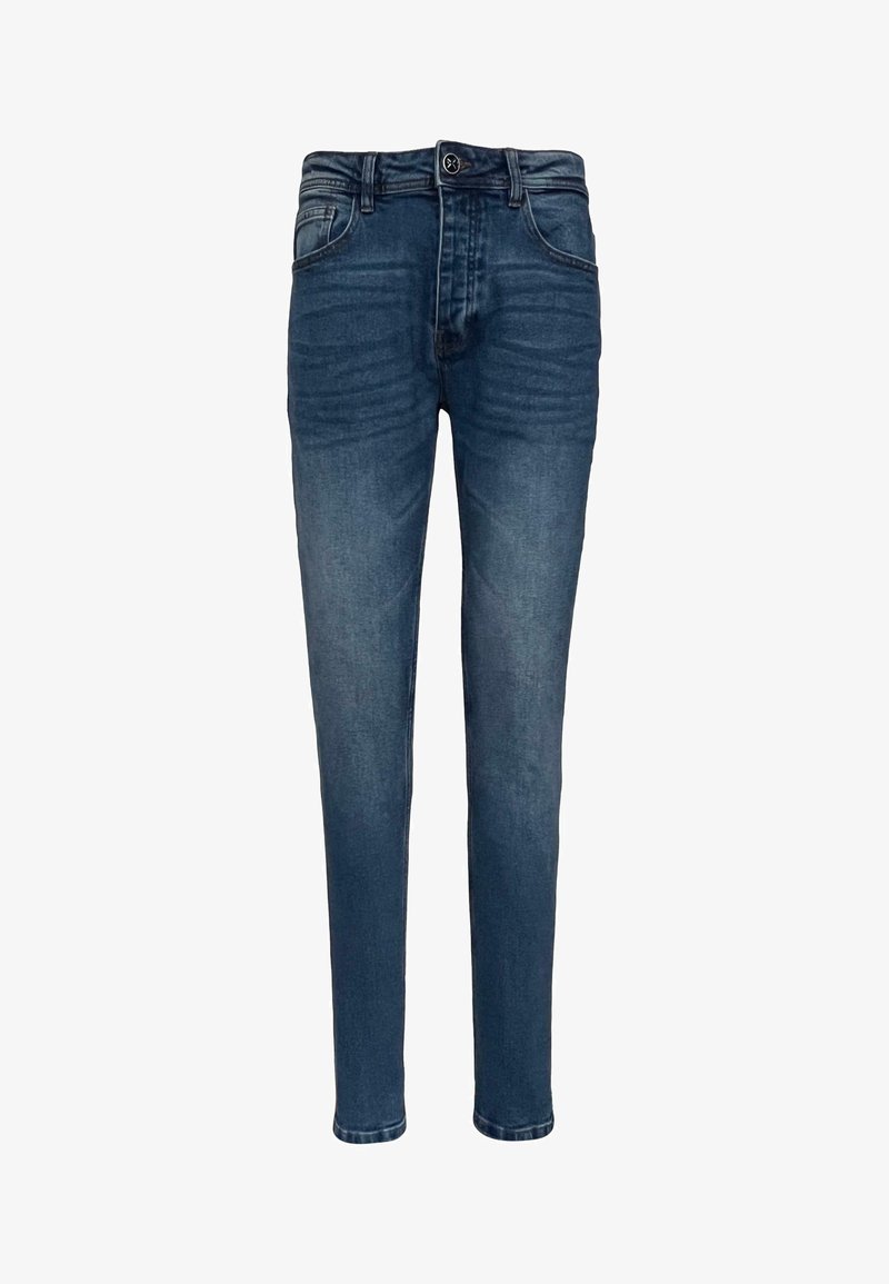 Tmavě modré džíny s úzkým střihem, pět kapes, zipové zapínání a jemné vyblednutí u stehen pro texturu.