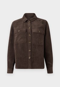 Braun gestreifter Cordjacke mit Kragen, durchgehender Knopfleiste und zwei Brusttaschen mit Knopfklappen. Strukturierter Stoff mit vertikalen Rillen.