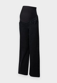 Black maternity jeans with a wide, stretchy black waistband, featuring two front pockets, straight leg design, and soft cotton fabric.