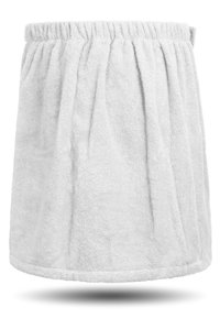 Weißer Frottee-Rock mit elastischem Bund, der vertikale Falten und eine weiche, strukturierte Oberfläche aufweist. Kreisförmiger Saum am unteren Ende.