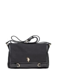 Borsa a tracolla in nylon nero con accentuazione del logo dorato, presenta un design piatto, una tracolla regolabile e dettagli hardware arrotondati.