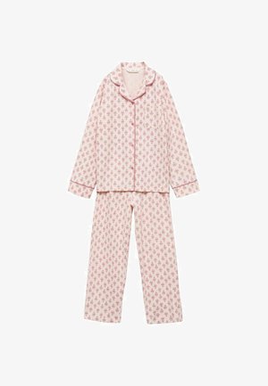 Rosa Pyjamaset bestehend aus einem knapp geschnittenen Oberteil mit Knopfleiste und einer Brusttasche sowie einer passenden Hose, verziert mit einem wiederholten Blumenmuster und kontrastierenden Paspeln entlang der Nähte.