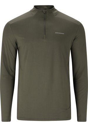 Olivengrøn langærmet top med en halv lynlås, slankt design, glat tekstur og et lille "ENDURANCE"-logo på brystet.