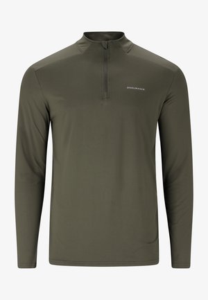 Olivengrøn langærmet top med en halv lynlås, slankt design, glat tekstur og et lille "ENDURANCE"-logo på brystet.