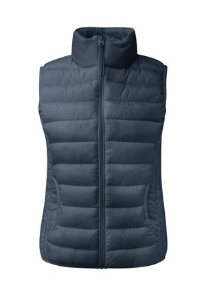 Marineblaue gesteppte Weste mit hohem Kragen, Frontreißverschluss und vertikalem Steppmuster. Verfügt über Seitentaschen und leichtes, glattes Material.