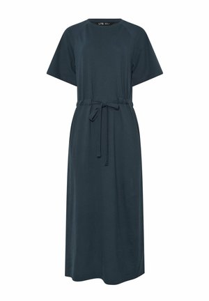 Vestito midi a maniche corte di colore blu scuro con scollo rotondo e cintura regolabile in vita, taglio dritto e design semplice.