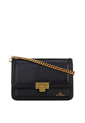 Black leather handbag with a textured finish, gold chain strap, and a gold latch closure. Features embossed logo detail on the front.