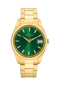 Goldfarbene Uhr mit rundem Gehäuse, grünem metallischem Zifferblatt, goldenen Stundenmarkierungen und Datumsanzeige. Metallgliedarmband mit polierter Oberfläche.