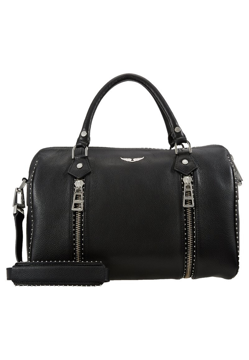 Schwarze Lederhandtasche mit doppelten silbernen Reißverschlüssen, oberen Griffen, verstellbarem Tragegurt und Nietenakzenten entlang der Kanten. Mit strukturiertem Finish.