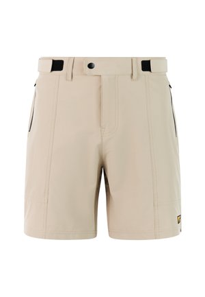 Beige shorts met een gladde textuur, voorzien van een knoopsluiting, riemlussen en zijzakken met zwarte ritsen. Eenvoudig, recht gesneden ontwerp.