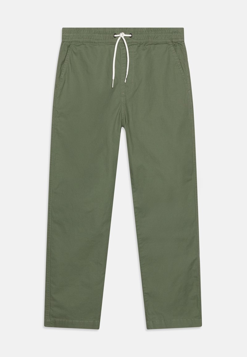 Pantalon décontracté vert olive avec taille élastique et cordon blanc, doté de poches latérales et d'une coupe droite.