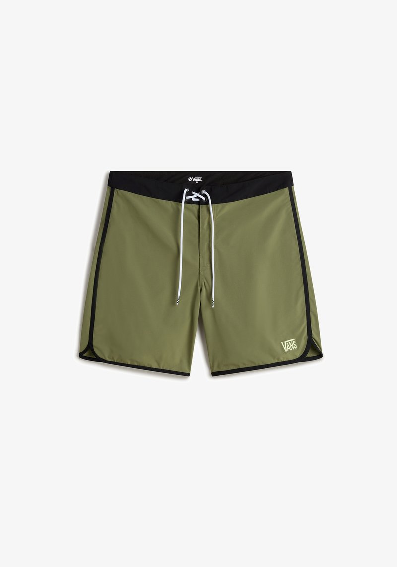 Olivgröna badshorts med svart midja och detaljer, med dragsko och sidofickor för rörelsefrihet. "Vans"-logotypen är synlig.