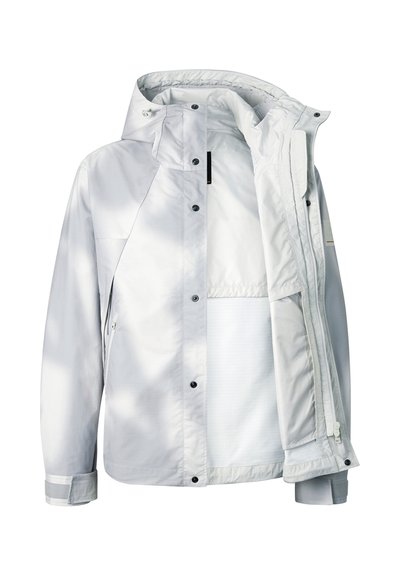 Jasnoszara wodoodporna kurtka z kapturem, zamkiem błyskawicznym, zatrzaskami i regulowanymi mankietami, pokazana częściowo otwarta, aby ukazać wewnętrzną podszewkę.