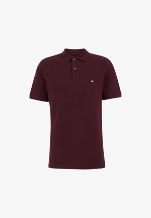 Burgundy polo shirt with a collar, two-button placket, short sleeves, and a small embroidered logo on the left chest. Cotton material.