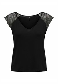T-shirt nera con scollo a V, maniche corte, caratterizzata da dettagli in pizzo intricati. Tessuto morbido ed elasticizzato con una vestibilità classica e orlo curvato.