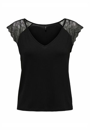 Svart T-skjorte med V-hals, korte ermer som har intrikate blonde detaljer. Myk, elastisk stoff med en klassisk passform og buet hem.